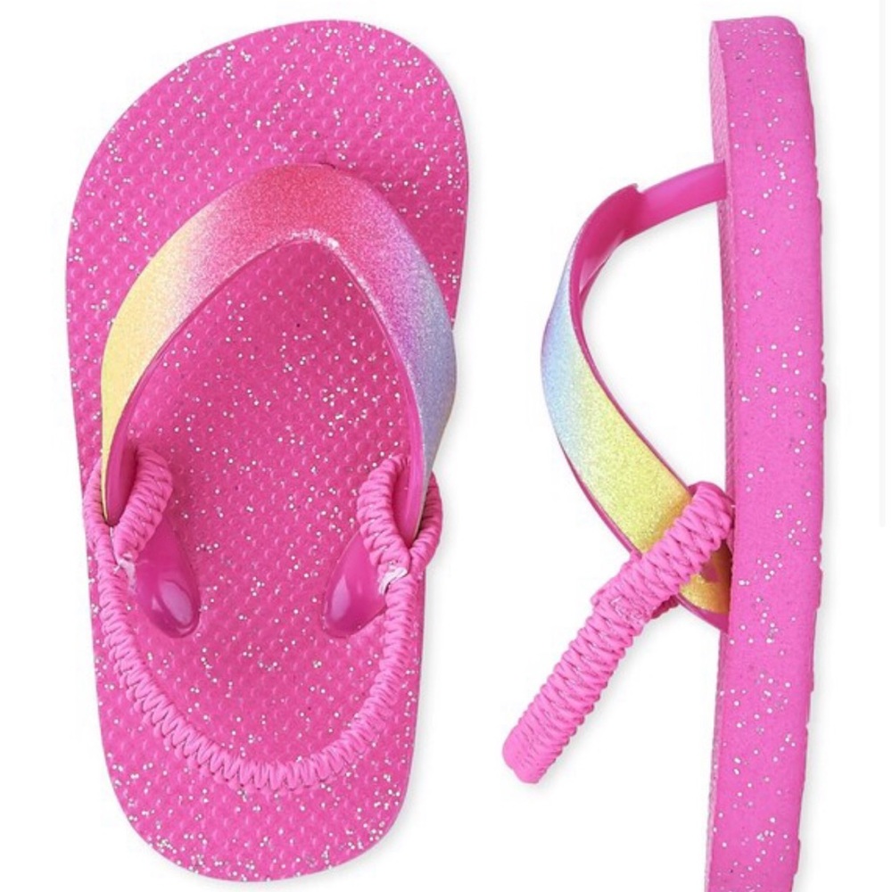 Toddler girl pink multi color glitter flip flops strap around the ankle new